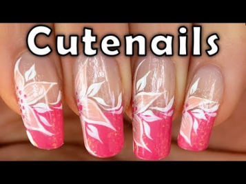 Candy pink French manicure with white flower by cute nails